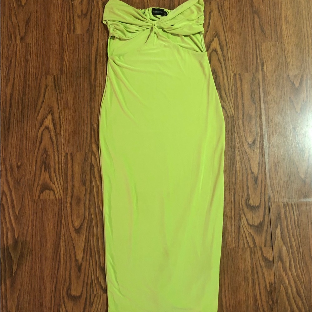 Strapless lime green cut out bust bodycon dress.